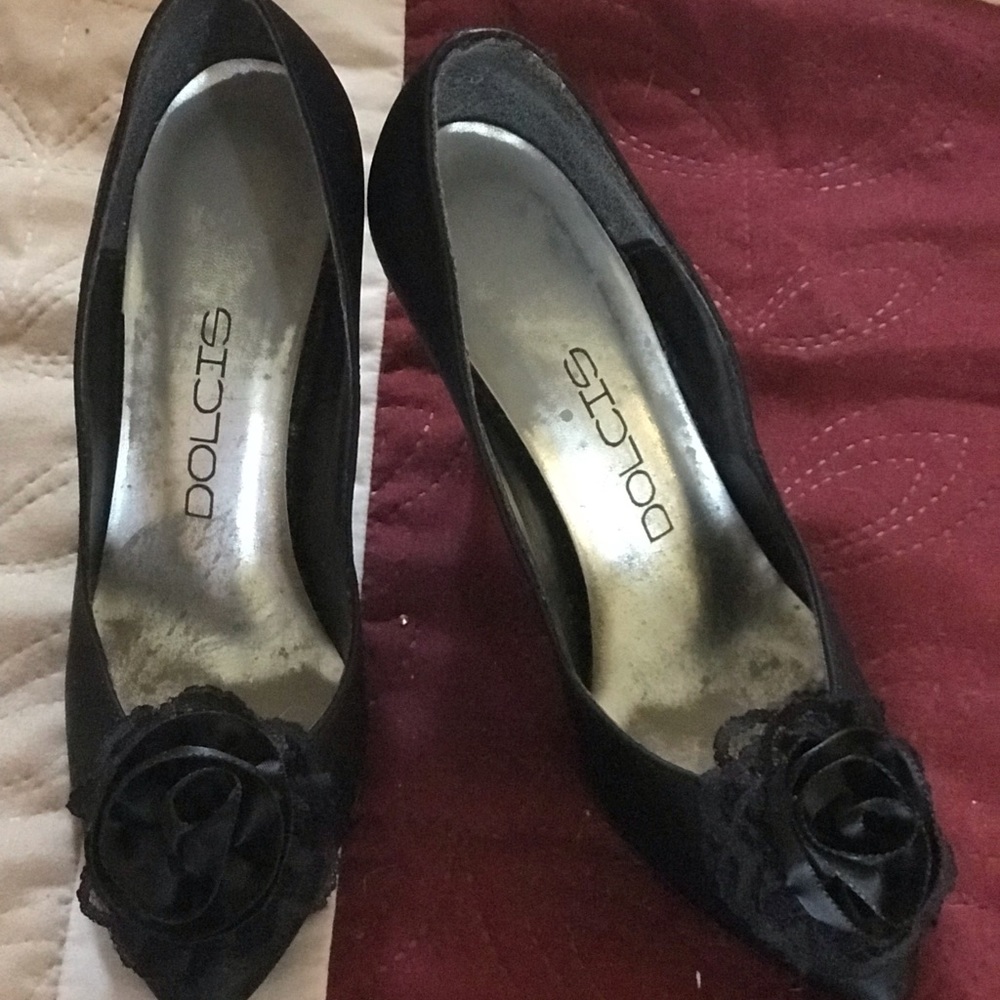 Vintage Dolcis black satin shoes with flower